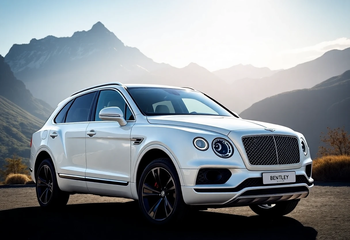 Bentley Bentayga, SUV de luxe blanc, vue de face dans un paysage montagneux